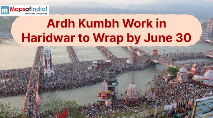 Ardh Kumbh Work in Haridwar to Wrap by June 30 Aerial view of a crowded Har ki Pauri in Haridwar with Ardh Kumbh work update text.