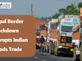 Trucks lined up on a highway near the India-Nepal border amid a crackdown disrupting goods trade.