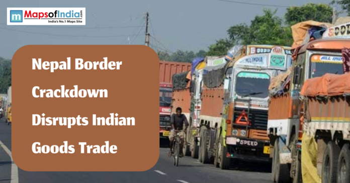 Trucks lined up on a highway near the India-Nepal border amid a crackdown disrupting goods trade.