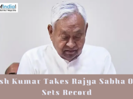 Nitish Kumar taking oath in Rajya Sabha with headline text overlay