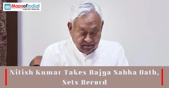 Nitish Kumar taking oath in Rajya Sabha with headline text overlay
