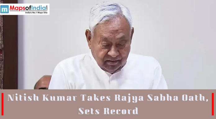 Nitish Kumar Takes Rajya Sabha Oath, Sets Record Nitish Kumar taking oath in Rajya Sabha with headline text overlay