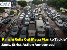 Heavy traffic congestion on a busy multi-lane road in Ranchi as the city announces a major plan to tackle traffic jams.
