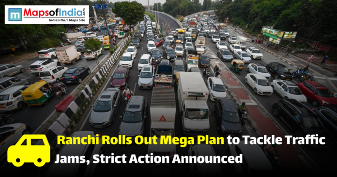 Heavy traffic congestion on a busy multi-lane road in Ranchi as the city announces a major plan to tackle traffic jams.