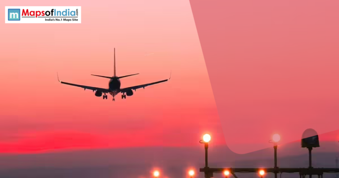 Airplane landing at sunset with runway lights glowing, symbolizing aviation connectivity and regional air travel in India.