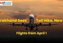Uttarakhand Sees Toll Hike, New Flights from April 1 Airplane taking off at sunset with text about Uttarakhand toll hike and new flights from April 1.