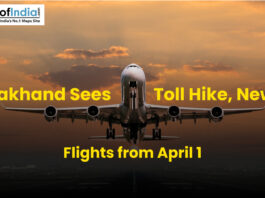 Airplane taking off at sunset with text about Uttarakhand toll hike and new flights from April 1.