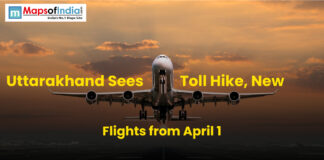 Uttarakhand Sees Toll Hike, New Flights from April 1 Airplane taking off at sunset with text about Uttarakhand toll hike and new flights from April 1.
