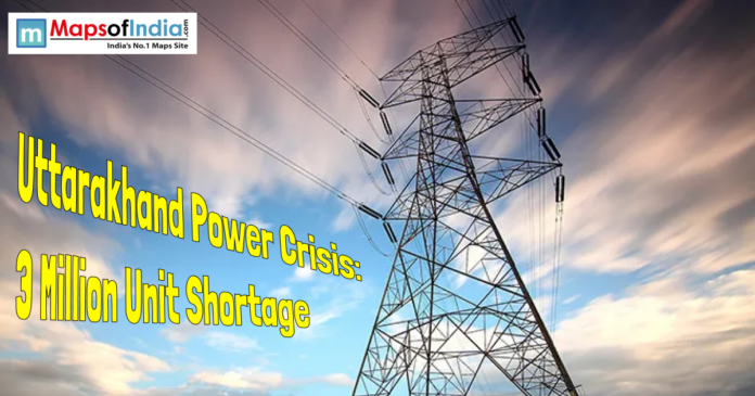 High-voltage transmission tower against cloudy sky highlighting power shortage crisis in Uttarakhand