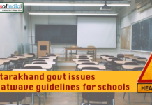 Uttarakhand Govt Issues Heatwave Guidelines for Schools Empty classroom with desks and blackboard as Uttarakhand government issues heatwave guidelines for schools, highlighted by a heat warning sign.