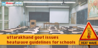 Uttarakhand Govt Issues Heatwave Guidelines for Schools Empty classroom with desks and blackboard as Uttarakhand government issues heatwave guidelines for schools, highlighted by a heat warning sign.