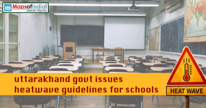 Uttrakhand School Empty classroom with desks and blackboard as Uttarakhand government issues heatwave guidelines for schools, highlighted by a heat warning sign.