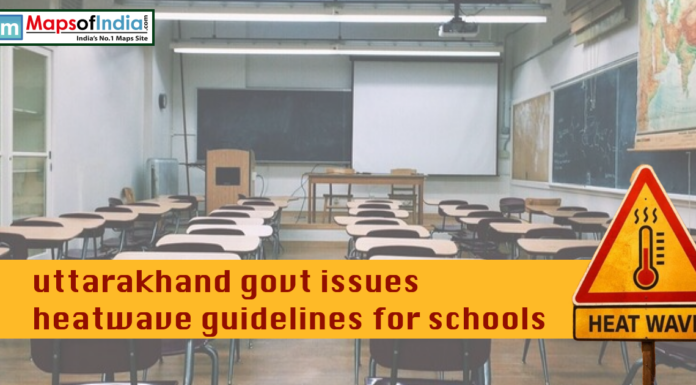 Uttarakhand Govt Issues Heatwave Guidelines for Schools Empty classroom with desks and blackboard as Uttarakhand government issues heatwave guidelines for schools, highlighted by a heat warning sign.