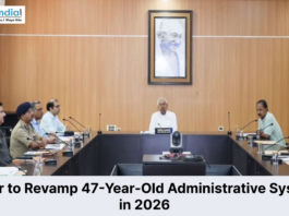 Nitish Kumar chairing a meeting regarding Bihar's administrative system revamp in 2026.