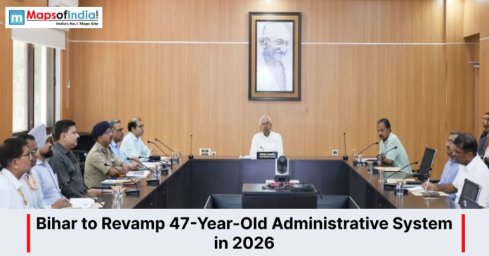 Nitish Kumar chairing a meeting regarding Bihar's administrative system revamp in 2026.