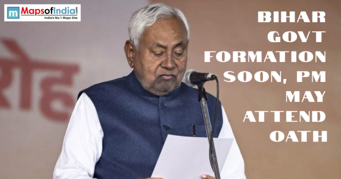 Nitish Kumar reading from a paper at a podium, with text about upcoming Bihar government formation and possible oath ceremony attendance.