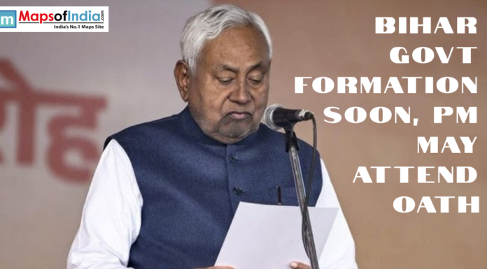Bihar Govt Formation Soon, PM May Attend Oath Nitish Kumar reading from a paper at a podium, with text about upcoming Bihar government formation and possible oath ceremony attendance.