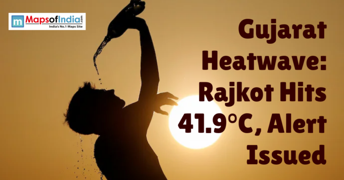Silhouette of a person pouring water during intense heat as Gujarat’s Rajkot records 41.9°C amid a heatwave alert.
