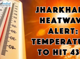 Jharkhand Heatwave Alert: Temperature to Hit 43°C Thermometer showing high temperature against a bright sun, with text warning of a heatwave in Jharkhand reaching up to 43°C.