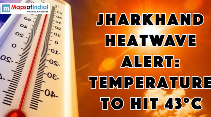 Jharkhand Heatwave Alert: Temperature to Hit 43°C Thermometer showing high temperature against a bright sun, with text warning of a heatwave in Jharkhand reaching up to 43°C.