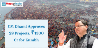 CM Dhami Approves 28 Projects, ₹1300 Cr for Kumbh Aerial view of a massive crowd gathered at a riverbank during Kumbh, with a politician speaking in the foreground and text about project approvals
