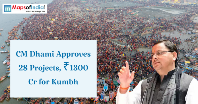 kumbh Aerial view of a massive crowd gathered at a riverbank during Kumbh, with a politician speaking in the foreground and text about project approvals