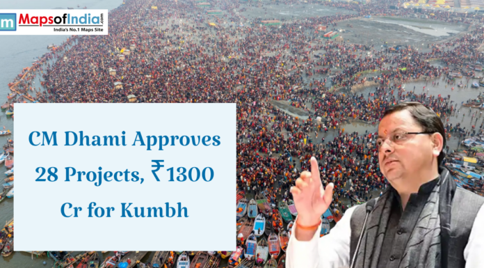 CM Dhami Approves 28 Projects, ₹1300 Cr for Kumbh Aerial view of a massive crowd gathered at a riverbank during Kumbh, with a politician speaking in the foreground and text about project approvals