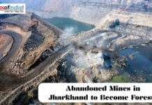 Abandoned Mines in Jharkhand to Become Forests Aerial view of abandoned open-pit mines in Jharkhand with winding roads, water-filled pits, and a caption about converting them into forests.