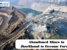 Aerial view of abandoned open-pit mines in Jharkhand with winding roads, water-filled pits, and a caption about converting them into forests.