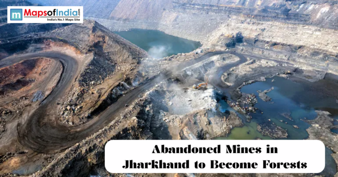 Aerial view of abandoned open-pit mines in Jharkhand with winding roads, water-filled pits, and a caption about converting them into forests.