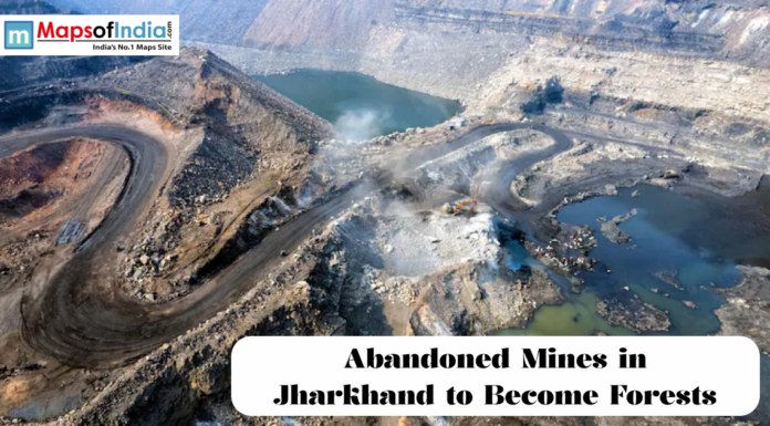 Abandoned Mines in Jharkhand to Become Forests Aerial view of abandoned open-pit mines in Jharkhand with winding roads, water-filled pits, and a caption about converting them into forests.