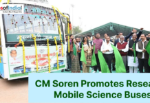 CM Soren Promotes Research, Mobile Science Buses Jharkhand CM Hemant Soren flags off a decorated mobile science exhibition bus with officials holding green flags at a public event.