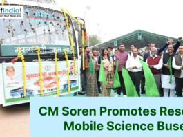 Jharkhand CM Hemant Soren flags off a decorated mobile science exhibition bus with officials holding green flags at a public event.