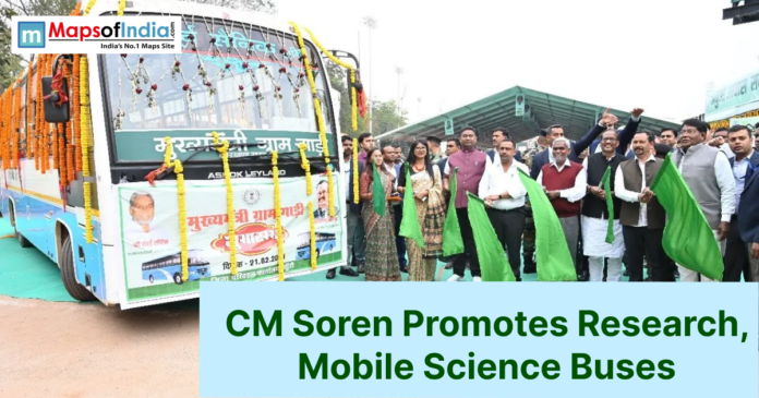 Jharkhand CM Hemant Soren flags off a decorated mobile science exhibition bus with officials holding green flags at a public event.