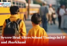 Severe Heat Alters School Timings in UP and Jharkhand Children in school uniforms walk near a school bus, highlighting changed school timings in UP and Jharkhand due to severe heat.