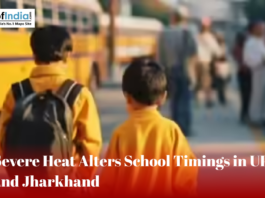 Children in school uniforms walk near a school bus, highlighting changed school timings in UP and Jharkhand due to severe heat.