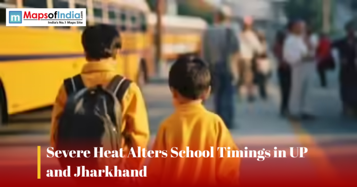 Children in school uniforms walk near a school bus, highlighting changed school timings in UP and Jharkhand due to severe heat.