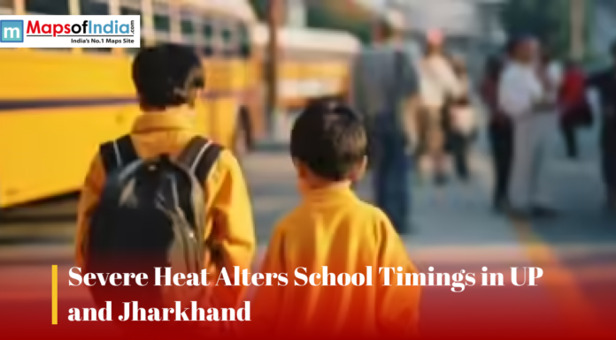 Severe Heat Alters School Timings in UP and Jharkhand Children in school uniforms walk near a school bus, highlighting changed school timings in UP and Jharkhand due to severe heat.
