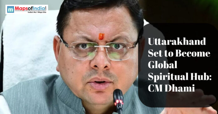 Uttarakhand CM Dhami image with headline on making Uttarakhand a global spiritual hub.