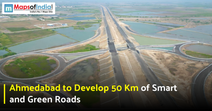 Ahmedabad Aerial view of a newly developed highway interchange in Ahmedabad as part of the city’s smart and green road project.