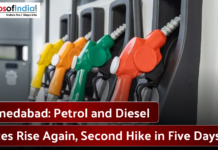 Ahmedabad: Petrol and Diesel Prices Rise Again, Second Hike in Five Days Close-up of colorful fuel nozzles at a gas station with text about rising petrol and diesel prices in Ahmedabad.