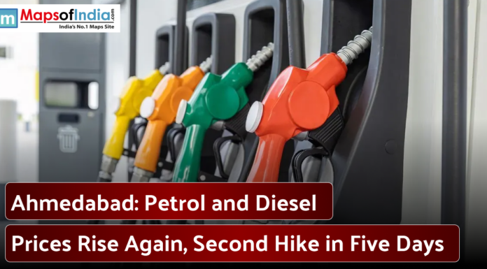 Ahmedabad: Petrol and Diesel Prices Rise Again, Second Hike in Five Days Close-up of colorful fuel nozzles at a gas station with text about rising petrol and diesel prices in Ahmedabad.