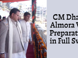 Uttarakhand Chief Minister Pushkar Singh Dhami during his Almora visit as officials prepare for a public event.