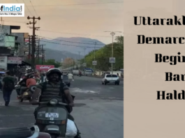 Street view in Uttarakhand highlighting the start of demarcation work for the proposed Bareilly-Haldwani road project.