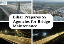 Bihar Prepares 55 Agencies for Bridge Maintenance Collage of modern bridges and highways in Bihar with aerial and night views, featured in a news graphic about the state preparing 55 agencies for bridge maintenance.