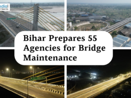 Collage of modern bridges and highways in Bihar with aerial and night views, featured in a news graphic about the state preparing 55 agencies for bridge maintenance.