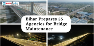 Bihar Prepares 55 Agencies for Bridge Maintenance Collage of modern bridges and highways in Bihar with aerial and night views, featured in a news graphic about the state preparing 55 agencies for bridge maintenance.
