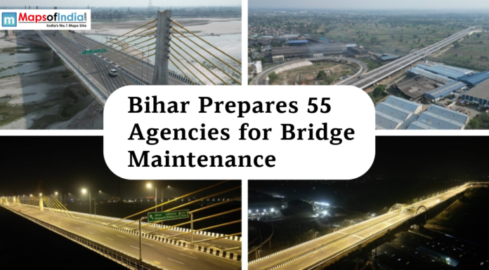 Bihar Prepares 55 Agencies for Bridge Maintenance Collage of modern bridges and highways in Bihar with aerial and night views, featured in a news graphic about the state preparing 55 agencies for bridge maintenance.