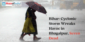 Bihar: Cyclonic Storm Wreaks Havoc in Bhagalpur, Seven Dead People walking in heavy rain with an umbrella under a headline about a cyclonic storm in Bhagalpur, Bihar.
