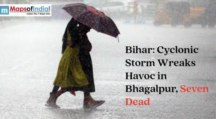 Bihar: Cyclonic Storm Wreaks Havoc in Bhagalpur, Seven Dead People walking in heavy rain with an umbrella under a headline about a cyclonic storm in Bhagalpur, Bihar.